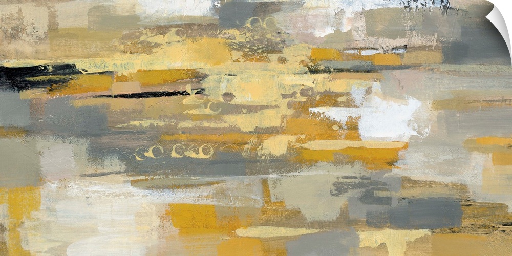 Contemporary abstract painting using gray white yellow and earth tones.