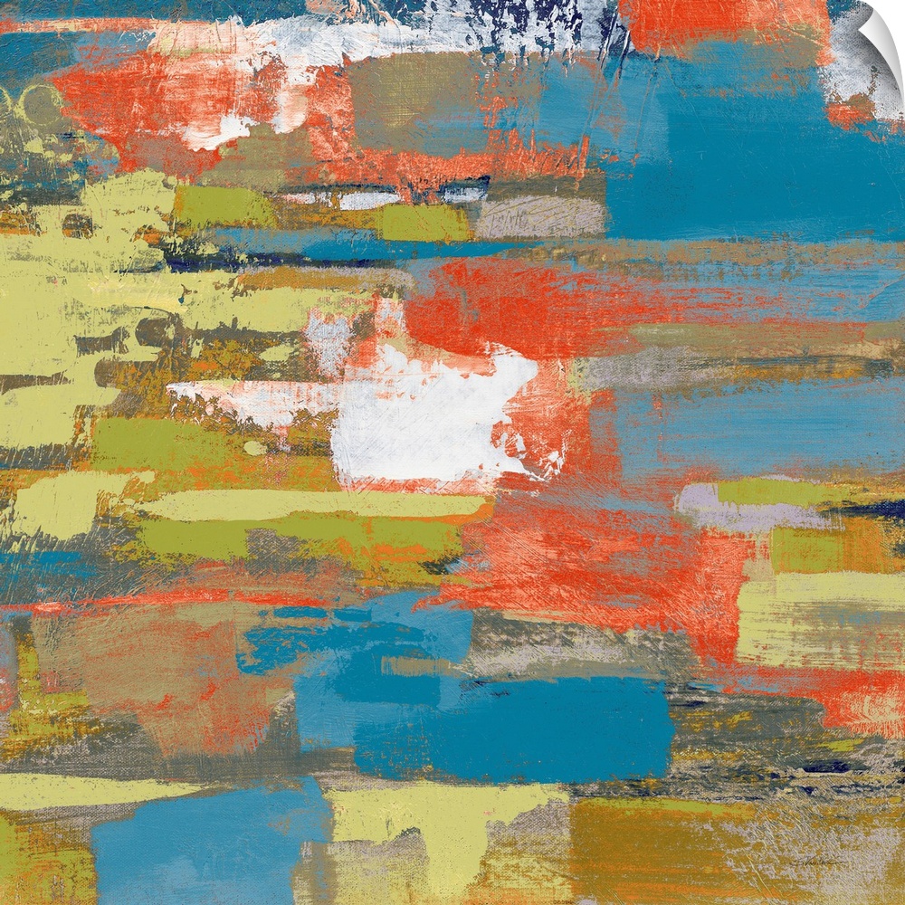 Large abstract painting made with shades of green, blue, gray, orange, and white on a square canvas.