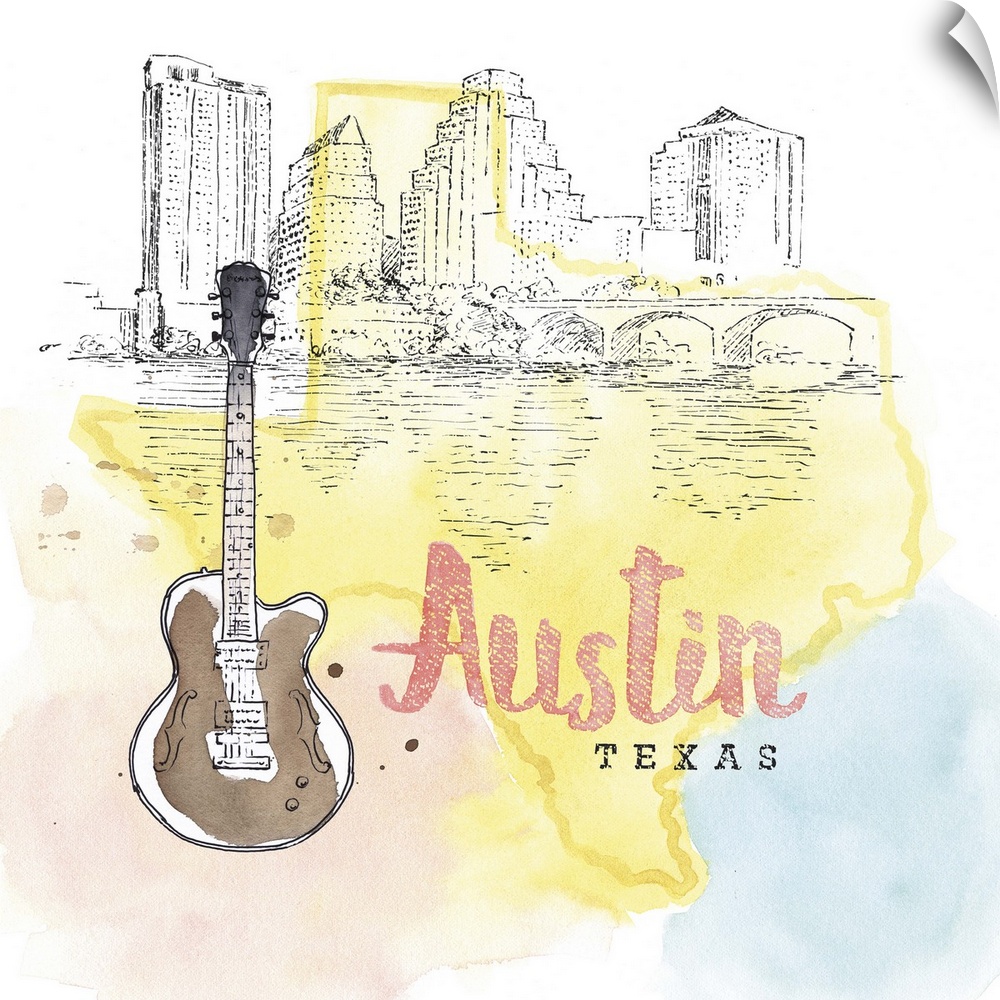 Square watercolor and ink illustration of an Austin skyline with a guitar and a yellow outline of the state of Texas.