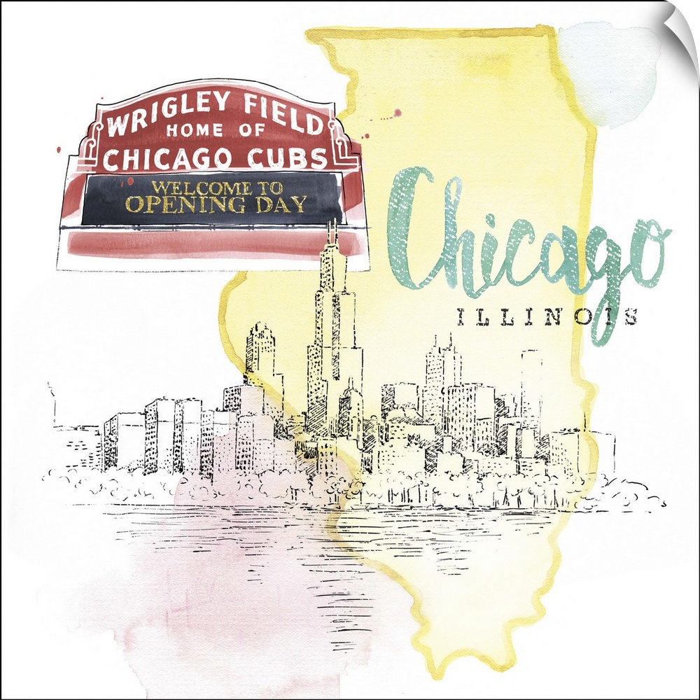 Square watercolor and ink illustration of a Chicago skyline with a Wrigley Field sign and a yellow outline of the state of...