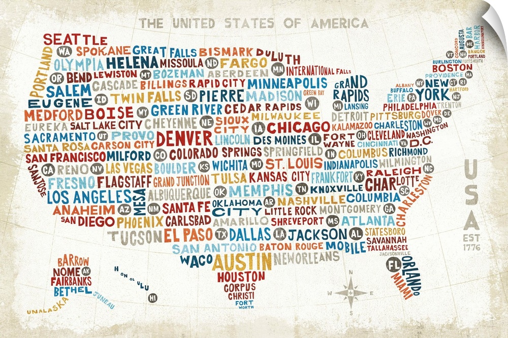 A map of the United States with the names of large cities in colorful text.
