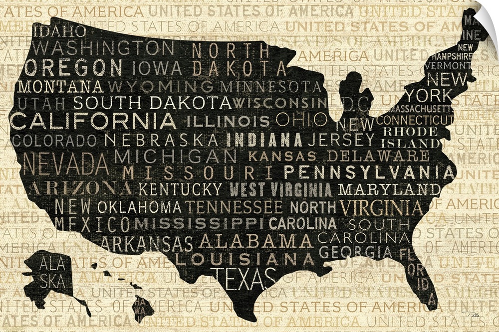 Big illustration displays a silhouette of the United States with Alaska and Hawaii included in the bottom left hand corner...