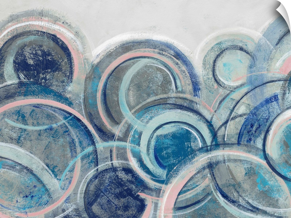 Contemporary abstract artwork featuring an array of blue circles over a light gray background.