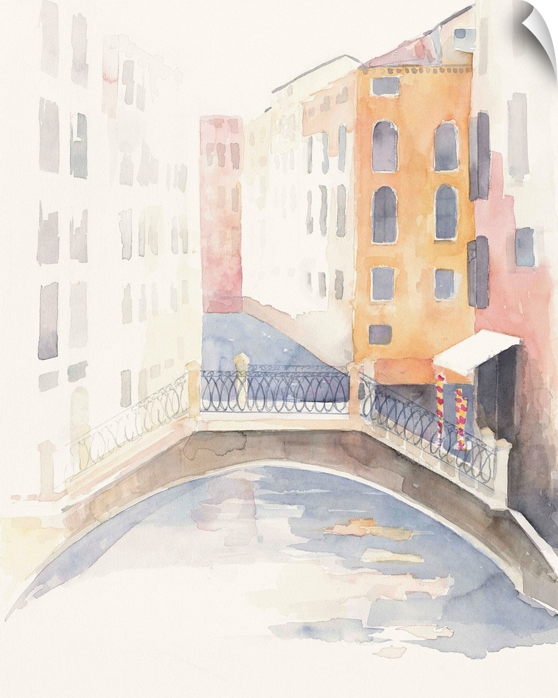 Watercolor painting of a view of Venice looking down a canal way.