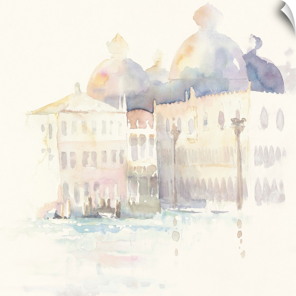 Pastel watercolor painting of the buildings along the canal in Venice.