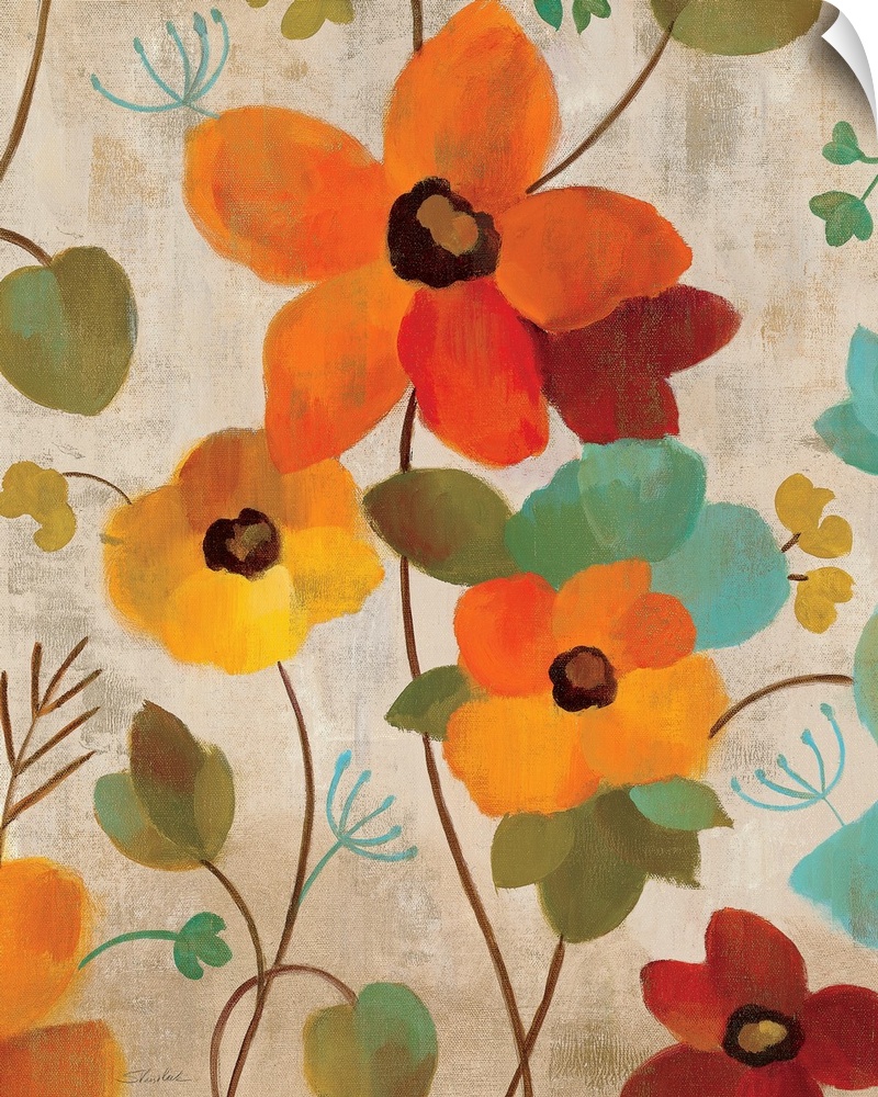 Vertical artwork on a large wall hanging of vibrant flowers on twisting vines of leaves, on a neutral background.