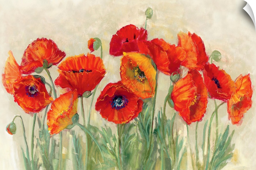 Large contemporary piece of artwork that displays the beauty of a group of poppies.