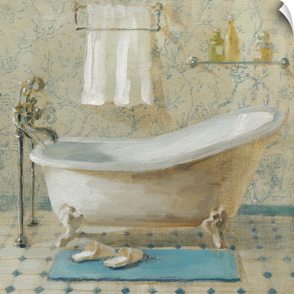 Contemporary artwork of bathroom scene, with the focus of the image on the bathtub.