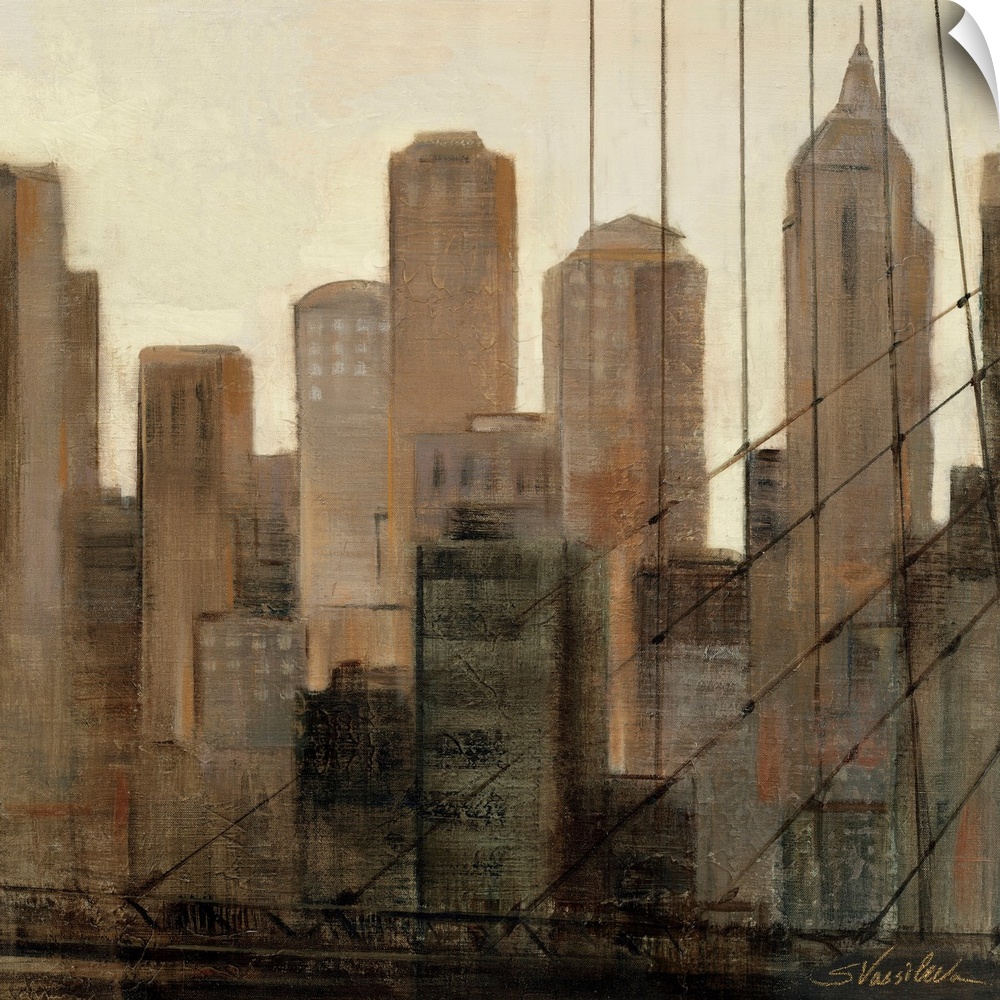 Contemporary painting of the New York Skyline as seen from the Brooklyn Bridge in neutral colors.
