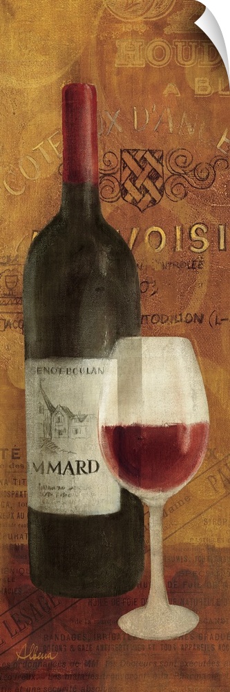 Vertical panoramic image of a wine bottle and wine glass that is half full with collage background consisting of various t...