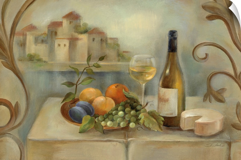 Painting of fruit bundle, bottle of wine, wine glass, and wedge of cheese on a table with river and a house in the backgro...