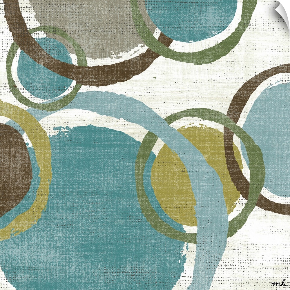 Contemporary docor art of a set of cool-colored circles and rings floating on a textured white background.