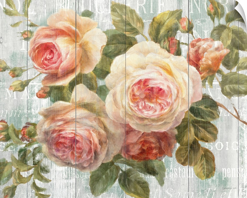 Big, horizontal docor wall art of a grouping of blooming roses surrounded by their leaves, on a background of wooden plank...