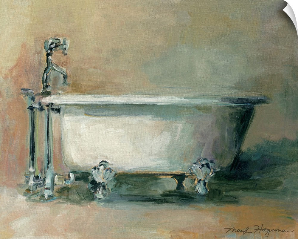Classic painting of antique tub. Thick brush strokes oriented in every direction are visible.