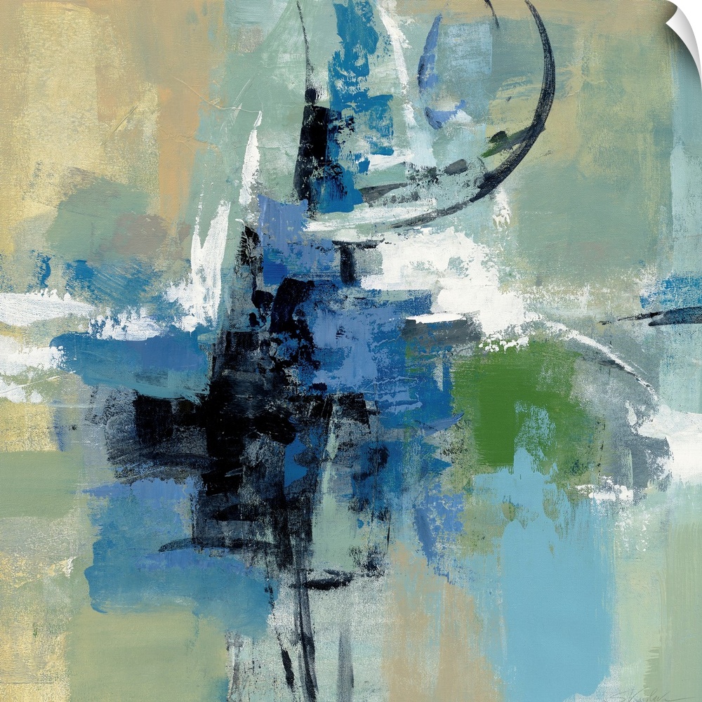 Square abstract painting with cool tones and layers of brushstrokes becoming dense in the center and spreading out towards...