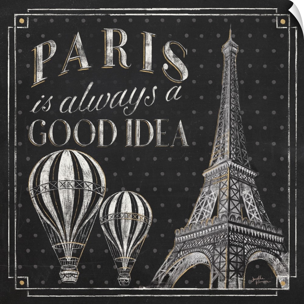 Square chalkboard sketch with the phrase "Paris is Always a Good Idea" and an illustration of the Eiffel Tower and two hot...