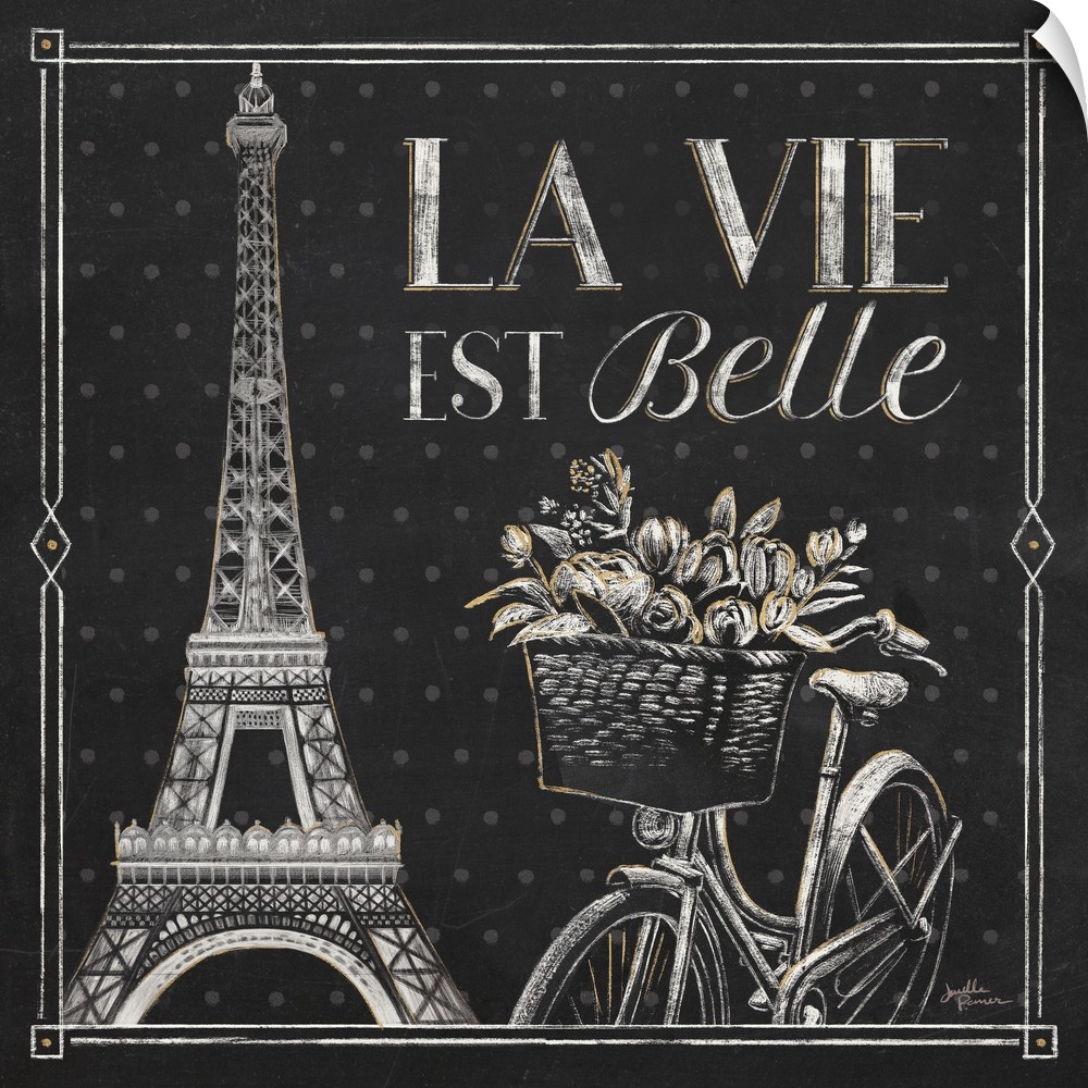Square chalkboard sketch with the phrase "La Vie Est Belle" and an illustration of the Eiffel Tower and a bicycle with flo...