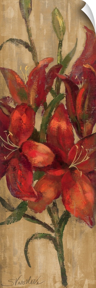A long vertical piece of artwork perfect for the home of large red lilies on a neutral colored background.