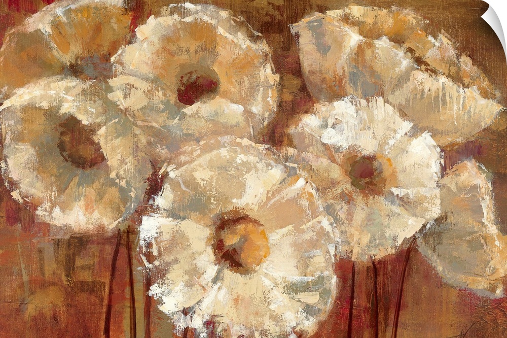 A horizontal painting of abstract flowers; the petals are defined by high lights and shadows created with layers and bold ...