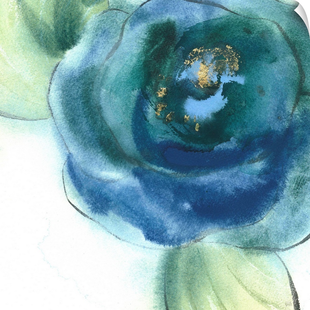 Square painting of a poppy flower made with blue and green tones on a white background with watercolor stains.