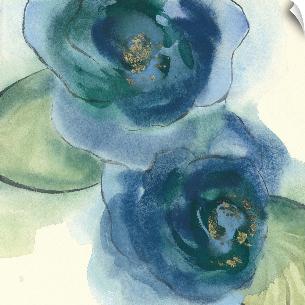 Square painting of two poppy flowers made with blue and green tones on a white background with watercolor stains.