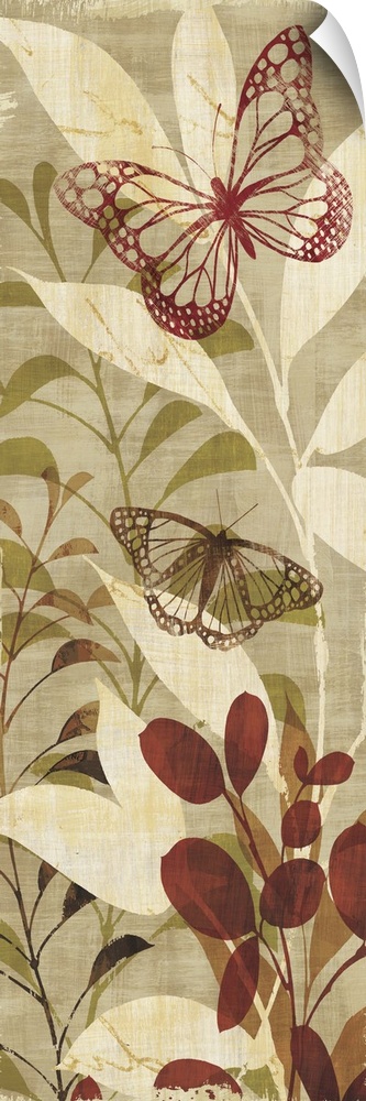 Contemporary artwork of butterfly outlines against a background of flowers and plants.