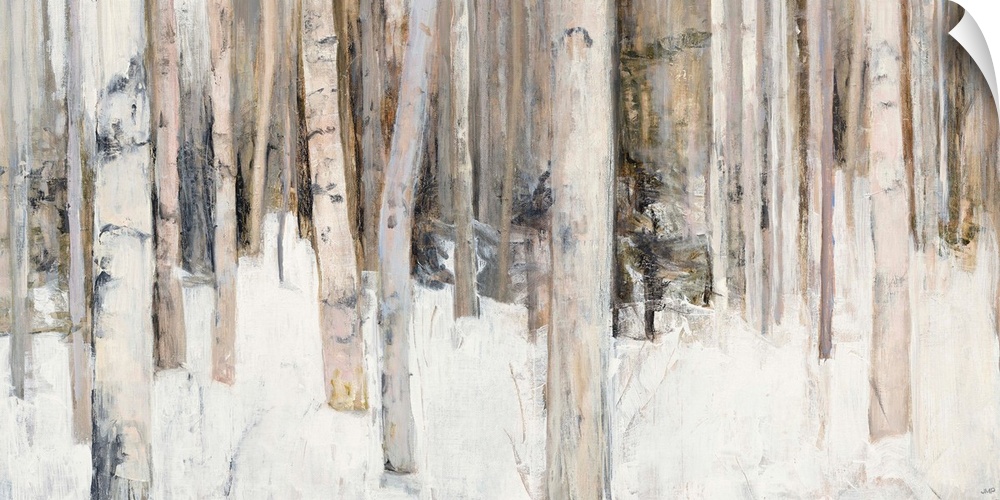 Abstract painting of birch trees in the woods covered in snow with warm tones.