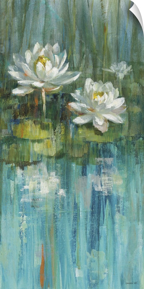 Vertical contemporary abstract painting of white lilies on green lily pads in a blue pond.
