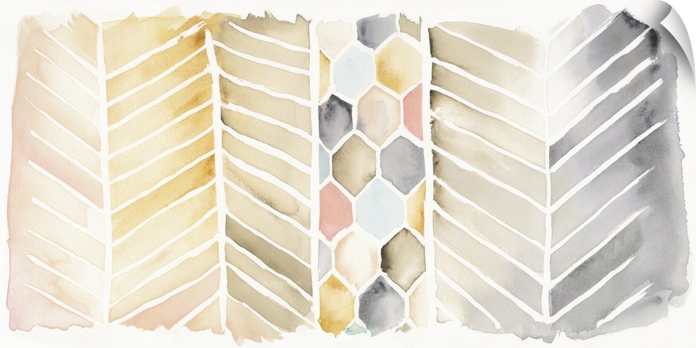 Contemporary watercolor painting using geometric shapes and warm tones.