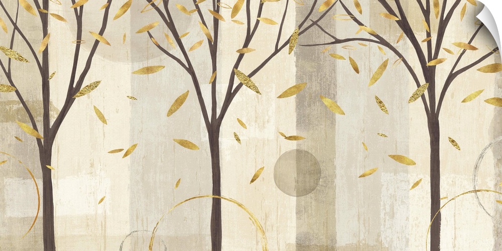 Contemporary artwork of three trees with metallic gold leaves falling on a neutral patterned colored background with a few...