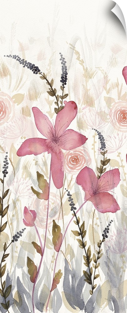 Long vertical watercolor painting of pink flowers in a garden with faded flower details in the background.