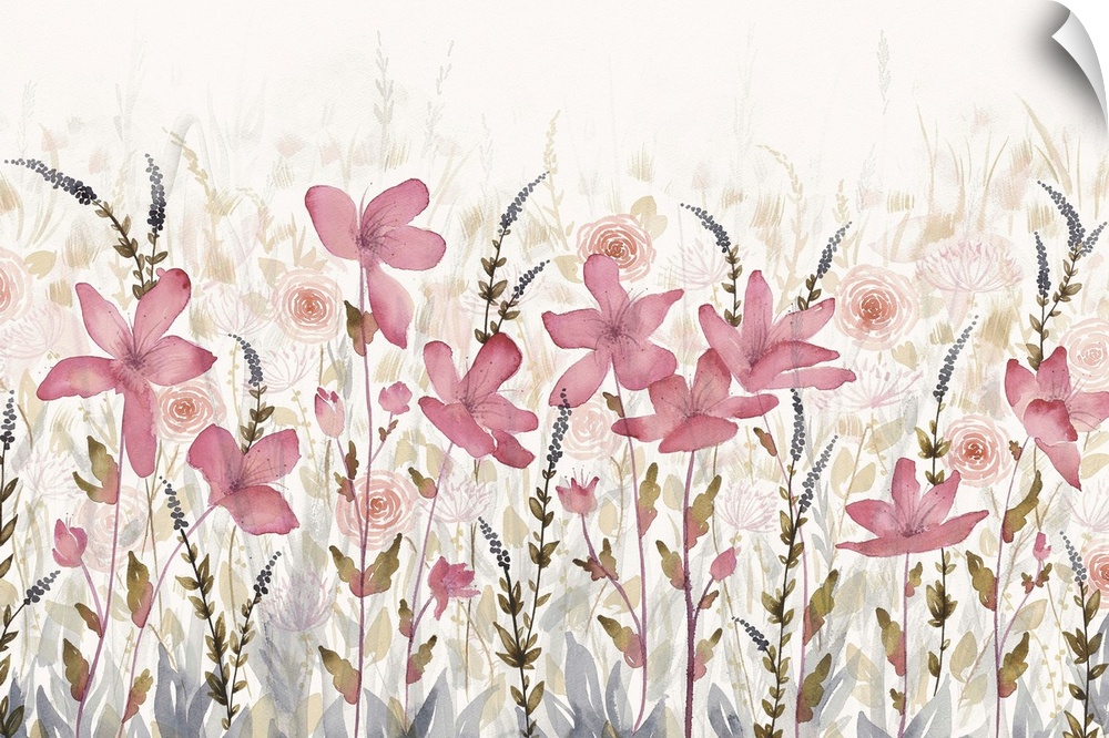 Large horizontal watercolor of a field of pink flowers which faded into the background.
