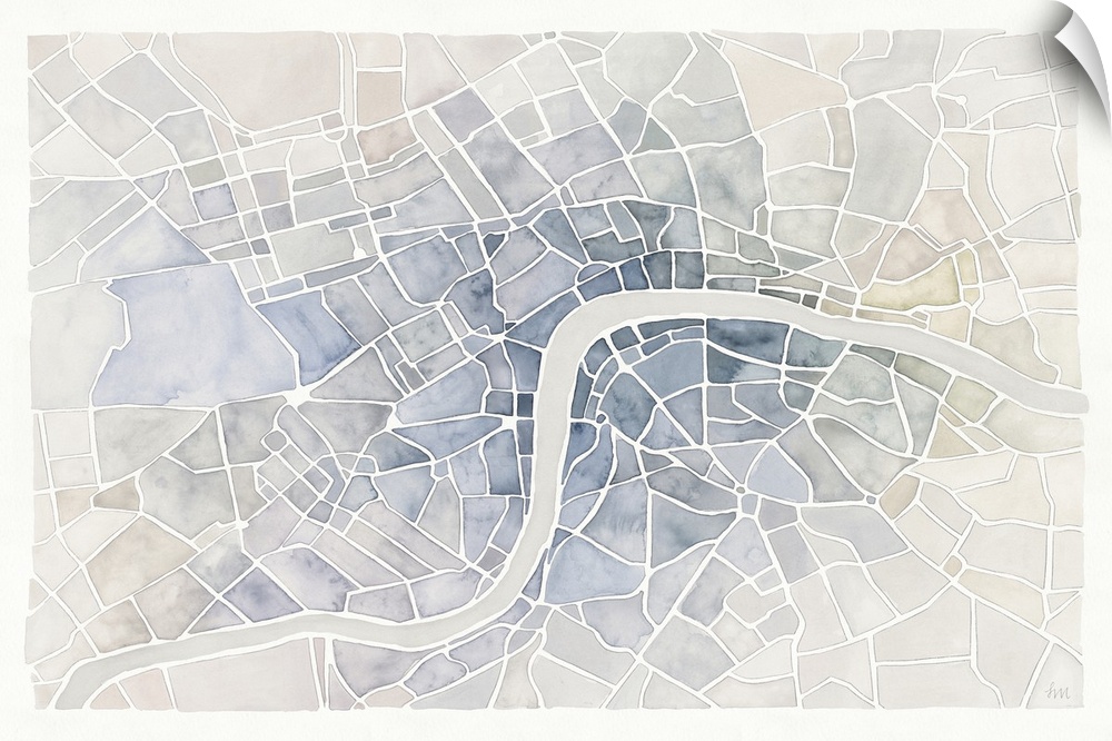 A muted watercolor painting of an aerial view of the Thames river through the city of London.