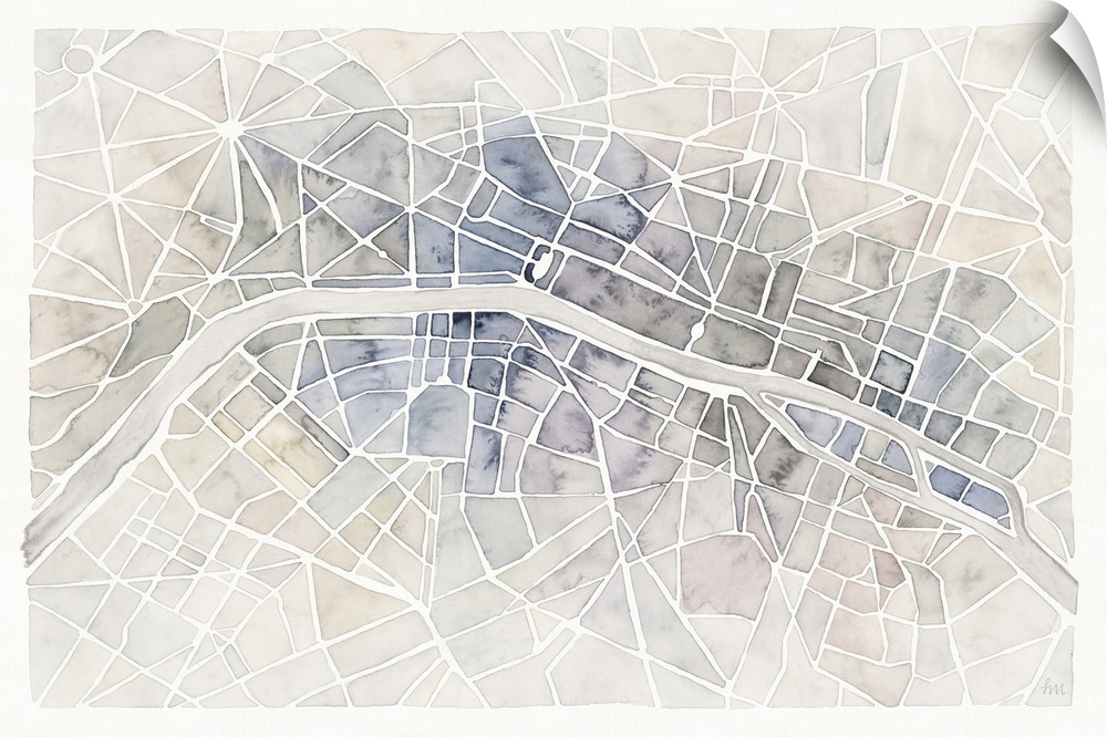 A muted watercolor painting of an aerial view of the Seine river through the city of Paris.