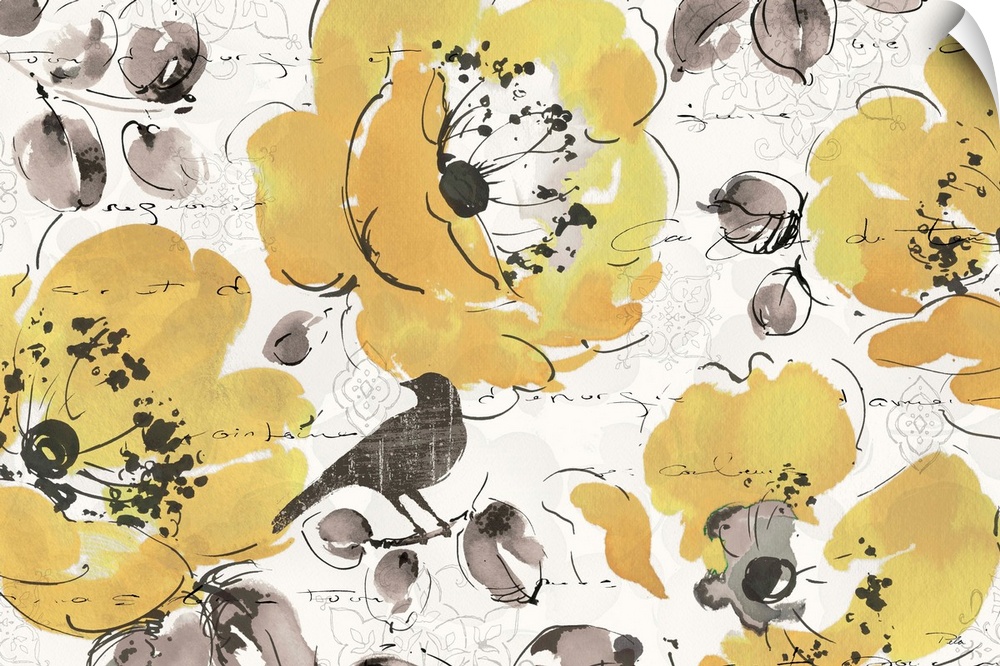 Watercolor design of yellow flowers with grey leaves and birds.