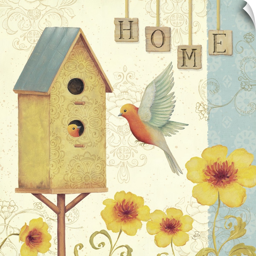 Two songbirds with a bird house and yellow flowers underneath.