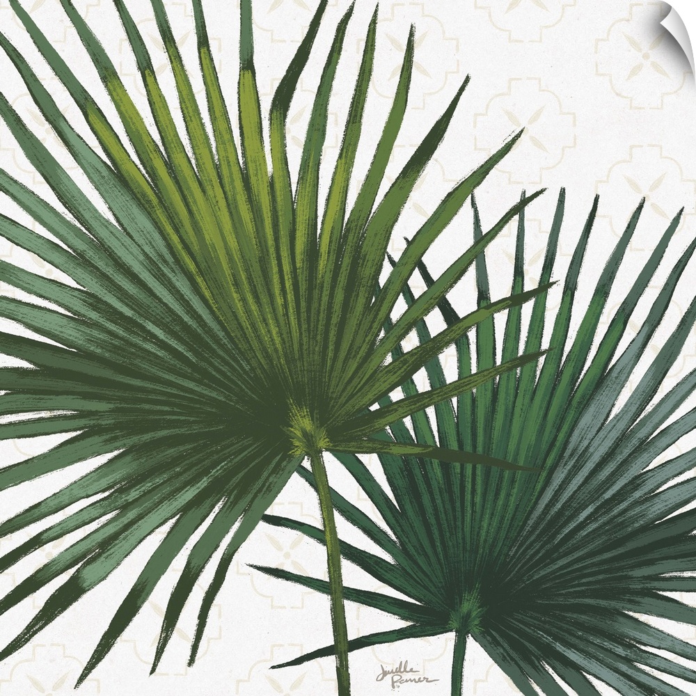 Square art of green palm leaves on a white background with a faint beige pattern.