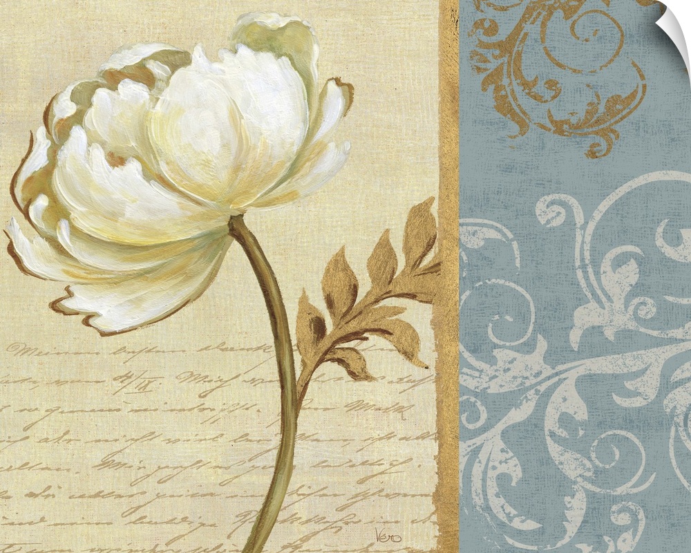 Contemporary artwork of a white flower against a beige background, with stylized floral patterns to the right of the image.