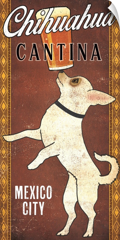 Illustration of a chihuahua balancing a pint of beer on its nose with "Chihuahua Cantina" and "Mexico City" written around...