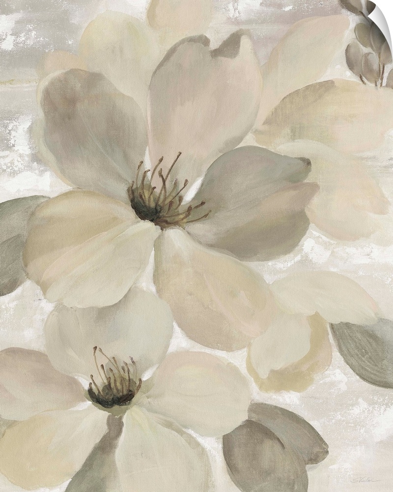 Contemporary painting of neutral toned magnolia flowers.