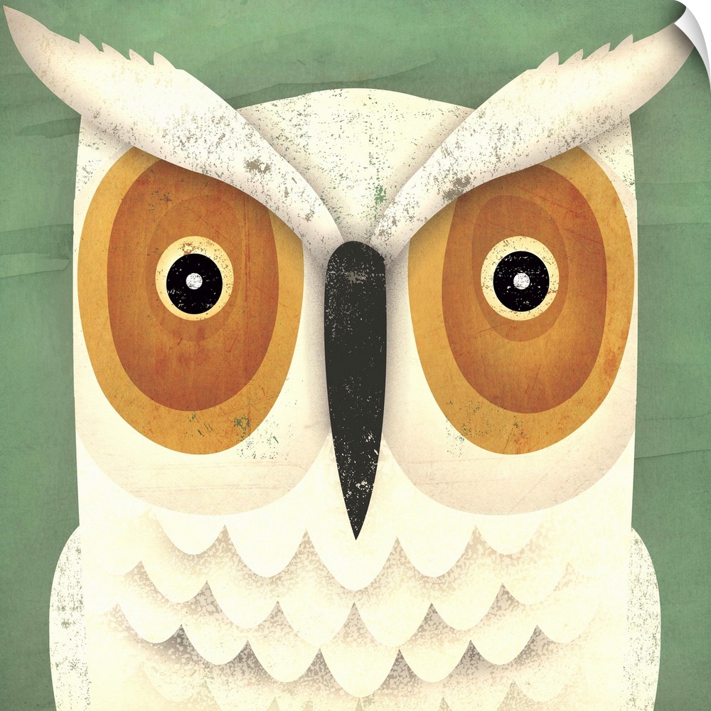 Contemporary artwork of a white owl with an intense gaze in its eyes.