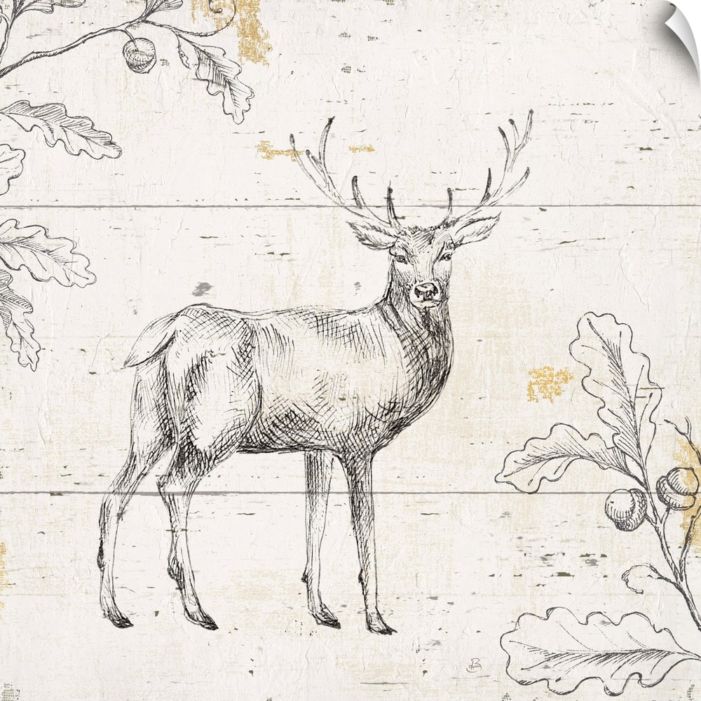 Black and white sketch of a deer and leaves on a distressed wood paneled background with hints of gold.