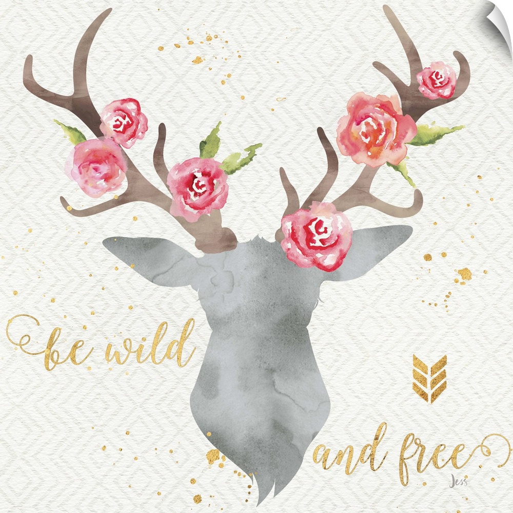 Contemporary home decor artwork of a watercolor stag silhouette with roses in the antlers.