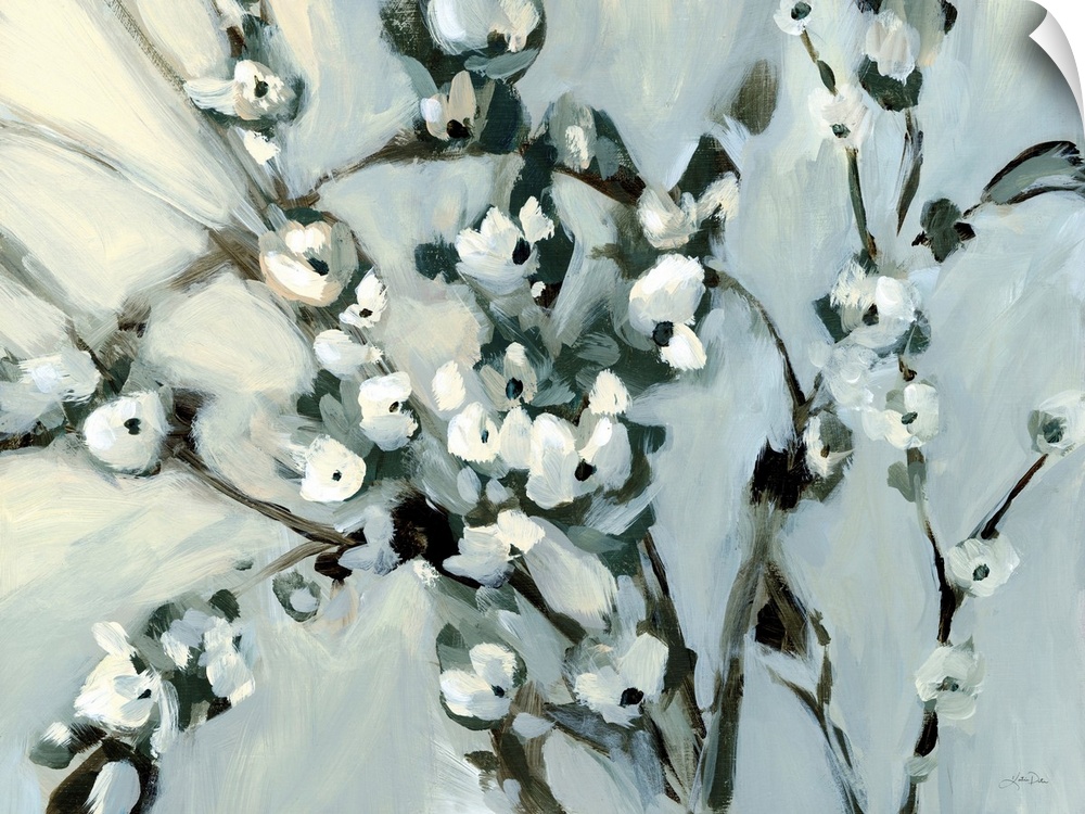 A bold contemporary painting of branches of white flowers against a grey background