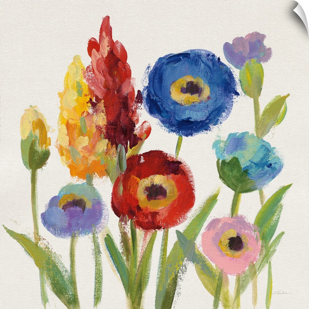 Square contemporary painting of colorful wildflowers on a white background.