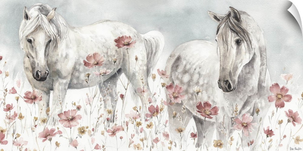 Contemporary watercolor artwork of two white horses in a field of wildflowers.