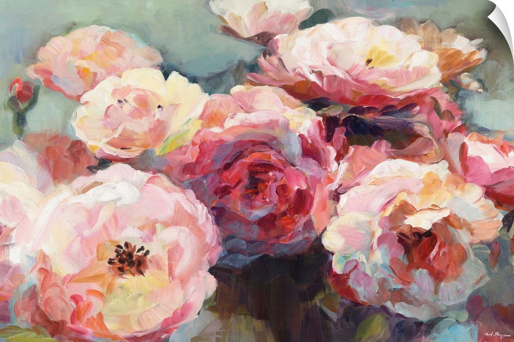 Contemporary painting of roses created with pink, white, red, orange, and yellow warm tones on a muted blue-green background.