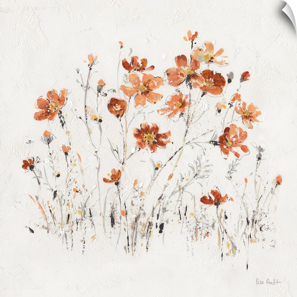Contemporary artwork of orange wildflowers sprouting from a textured white background.