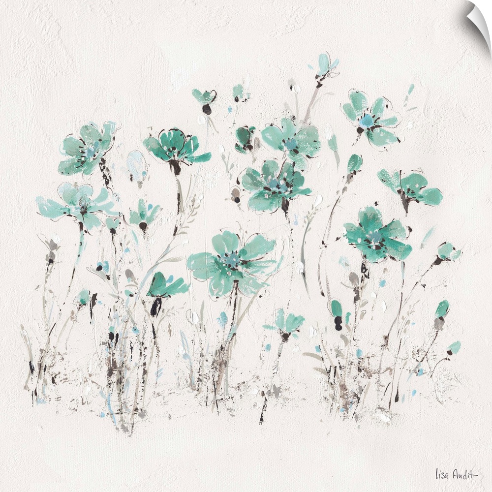 Contemporary artwork of turquoise wildflowers sprouting from a textured white background.