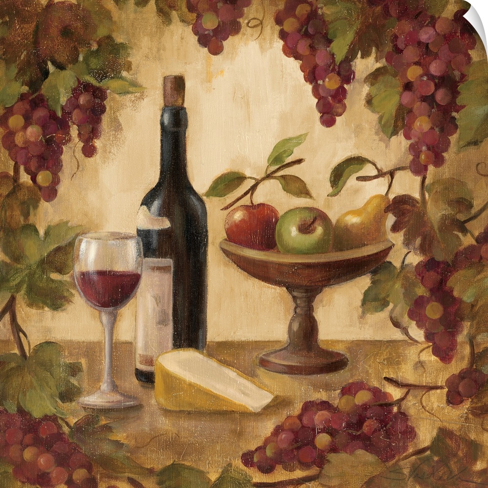 Grapes on the vine act as a border to fruit, wine and cheese that are drawn in the middle of the print.